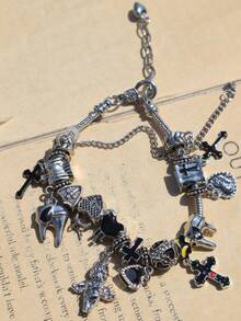 1pc Dark Gothic Style Cross Charm Bracelet, Vintage Heart Cross Bracelet, Angel Bible Cross Bracelet - Silver - View 6