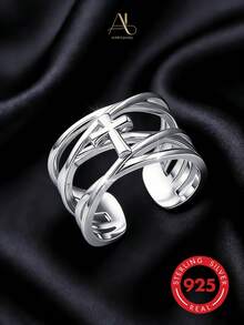 1pc Minimalist S925 Sterling Silver Polished Cross-Wrapped Line Open Adjustable Ring, Atmospheric Accessory For Women - Silver - View 6