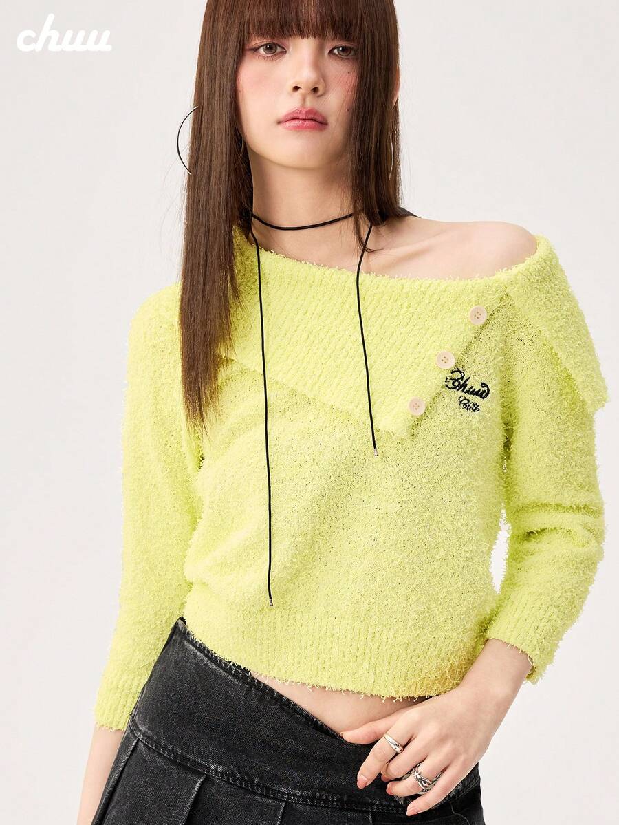 CHUU Letter Embroidered Asymmetrical Neckline Knit Sweater Women Spring Autumn Korean Style Sweet Cool Sexy Cold Shoulder Long Sleeve Pullover - Yellow - View 1