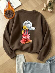 Plus-Size Women's Casual Round Neck Faux Knit Sweater, Cute Cartoon Print, Fashionable And Versatile Women's Top For Autumn And Winter. - Brown - View 8