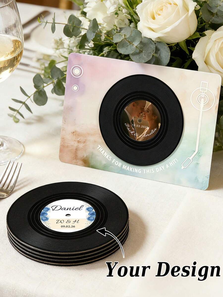 1pc Personalized Vintage Vinyl Record Coaster, Customized Wedding And Party Favor, Personalized Coaster Set With Name And Date Printed, Unique Wedding Favor, Party Gift For Music Lovers - Multicolor - View 1