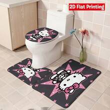 Sanrio Hello Kitty Shower Curtain Set, 4 Pieces, Skull Pattern On Pink Starry Background, Perfect For Halloween. Includes Dark And Fun Designs, Suitable For Bathroom Decor And Party Themes (2 Bathrooms, 1 Toilet Lid Cover) - Shower Curtain Set - View 9