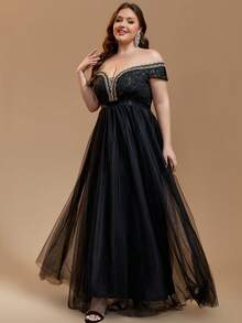 Gaun Malam Wanita Ukuran Besar dengan Model Bahu Terbuka, Cocok untuk Tamu Pernikahan, Pengiring Pengantin, Acara Formal, Prom, dan Acara Pulang Kampung - Hitam - View 4