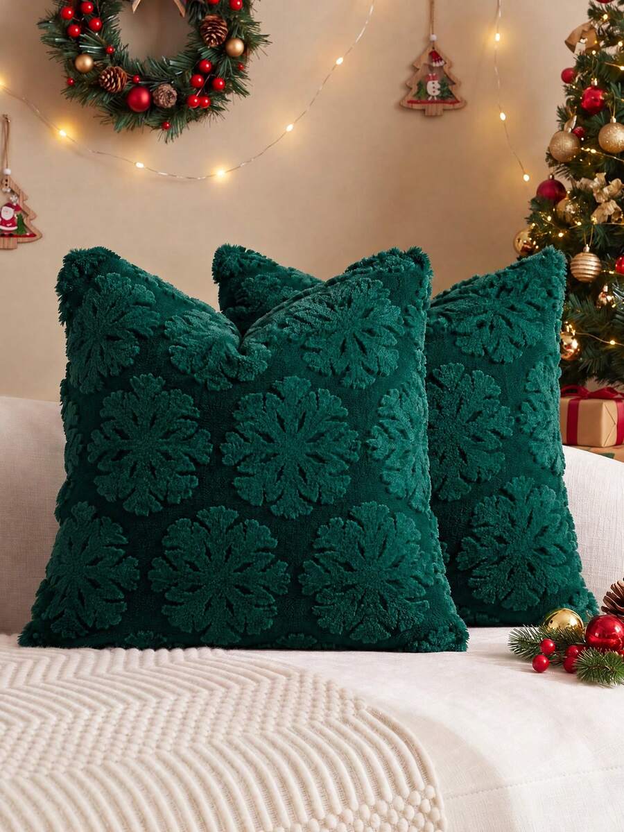 1pc/2pcs Green Christmas Snowflake Plush Embossed Decorative Pillow Cover (Pillow Insert Not Included), Reversible Dutch Linen Fabric, Square Cushion Cover, Holiday Home Decor Pillow, Soft Plush Fabric, Modern Decor For Sofa, Bedroom, Dorm