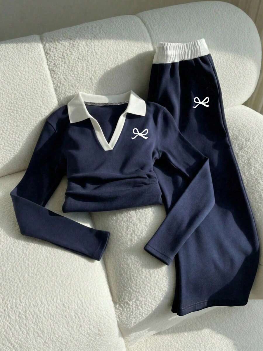 Girls' Bow Print Contrast Color Ruffle Collar T-Shirt And Wide Leg Pants Casual Outfit - Blue - View 1