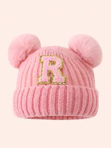1pc Pink Kids Hat 26 Letters Baby Knitted Cap Boys Girls Warm Beanie Suitable For Outdoor Travel Daily Wear - Pink Gold Logo On Crown - Pink Double Ball Cap - View 46