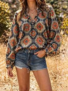 Women's Spring/Summer Bohemian Retro Printed Blouse With Ruffle Collar And Puff Sleeves, Loose Fit, Casual And Relaxed Style - Multicolor - View 2