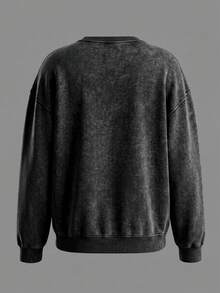 Women's Vintage Washed Crew Neck Sweatshirt, Printed With "Tokyo Japan" Letters, Suitable For Autumn/Winter - Black - View 2