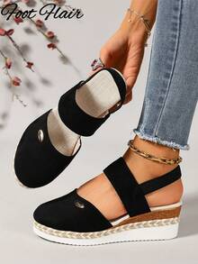 Foot Flair 女款黑色楔形跟包頭涼鞋 波希米亞風 海灘度假夏季款 35-44 - 黑色 - 查看 4