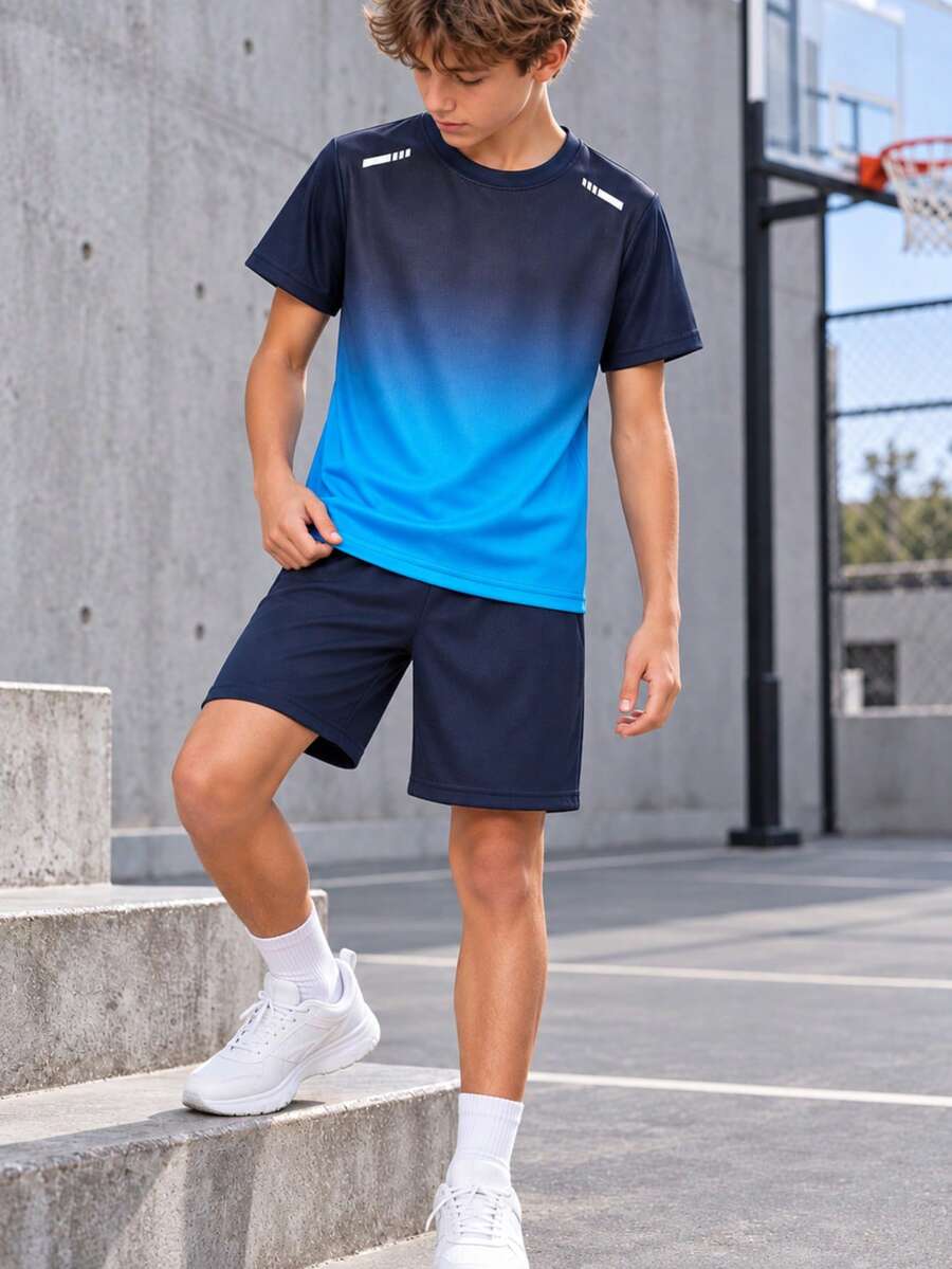 2pcs/Set Teen Boys Navy Blue Gradient Sports T-Shirt And Shorts, Short Sleeve Athletic Set, Suitable For School, Running, Training, Basketball And Outdoor Activities - Blue - View 1