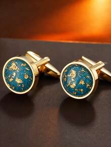 1 Pair Luxury Gold Foil Starry Sky Black Round Cufflinks, Gold-Plated French Shirt Cufflinks For Men, Elegant Business Wedding Formal Accessories - Multicolor - View 15