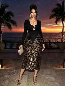 RNU Gaun Pesta Musim Gugur/Dingin Wanita Motif Leopard, Gaun Panjang Lengan Panjang Berkerut dengan Hiasan Gesper Logam dan Kerah V, Gaun Malam Unik Motif Leopard Kasual dengan Rumbai Asimetris - Hitam - View 7