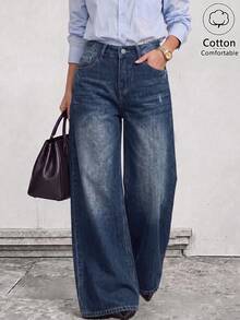 Celana Jeans Wanita Vintage Biru Tua Pudar Pinggang Tinggi Potongan Lebar dengan Efek Sobek, Minimalis Serbaguna Kasual untuk Perjalanan Sehari-hari - Biru - View 1