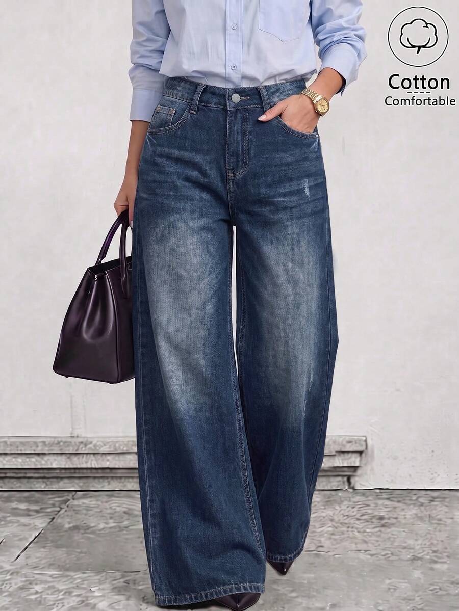Celana Jeans Wanita Vintage Biru Tua Pudar Pinggang Tinggi Potongan Lebar dengan Efek Sobek, Minimalis Serbaguna Kasual untuk Perjalanan Sehari-hari - Biru - View 1
