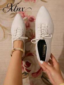 Women's Vintage Soft Minimalist Lace-Up Solid Color Pointed Toe Flat Shoes - Beige - View 1