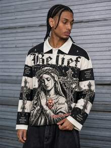 Men's Vintage Virgin Mary Cross Print Long Sleeve Polo Shirt - Multicolor - View 2