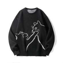 Black Round Neck Line Cat Knitted Sweater Casual Lazy Pullover For Both Men And Women - Black - View 1