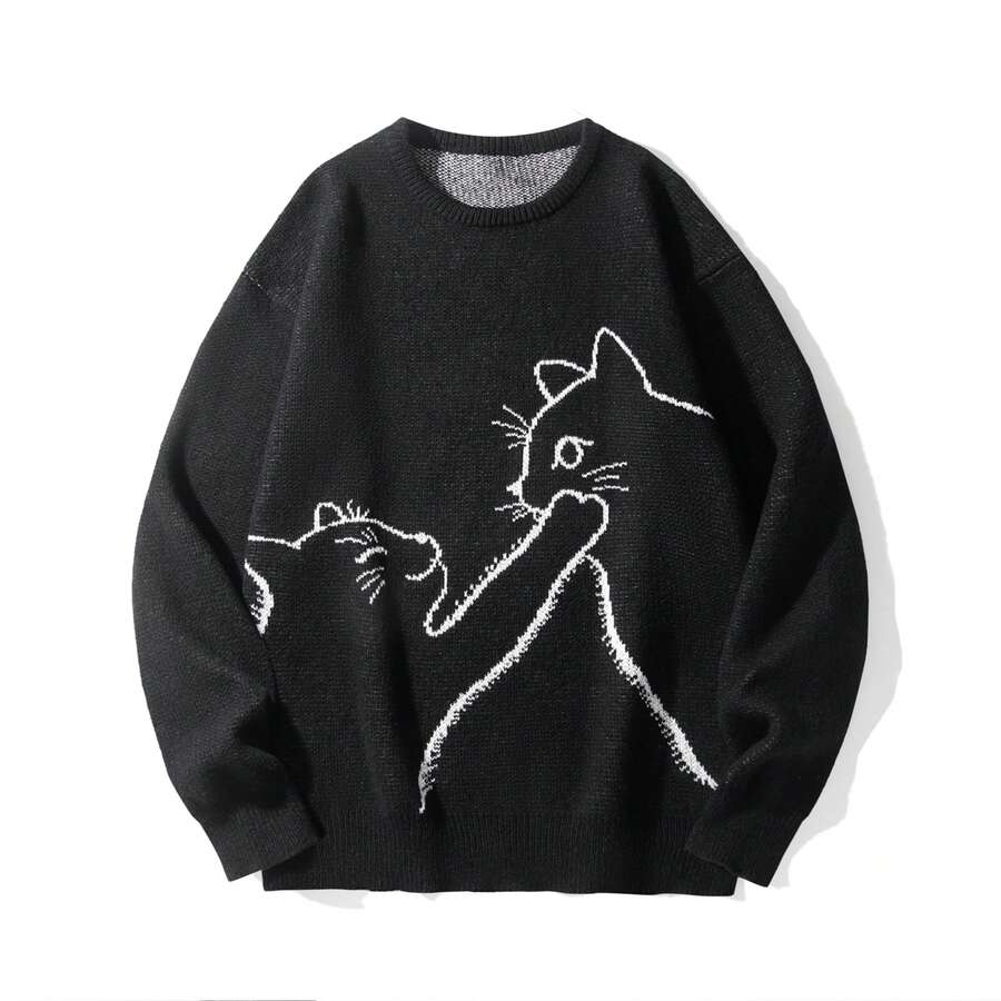 Black Round Neck Line Cat Knitted Sweater Casual Lazy Pullover For Both Men And Women - Black - View 1