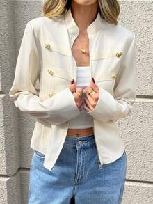 Elegant Women's White Long Sleeve Jacket, Suitable For Autumn/Winter, Perfect For Evening Dates, Daily Commute And Street Activities - Apricot Color - View 7
