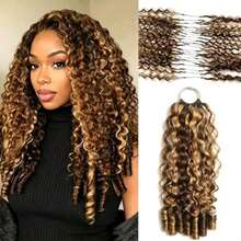 VALLBEST Color 4/27 Highlight Burmese Curly Feather Human Crochet Hair For Women 60g/Pack Pre-Separated Looped Invisble Curly Bundles Human Hair Reusable Wet And Wavy Remy Hair Extensions 100 Percent Human Hair - S4/27 - View 2