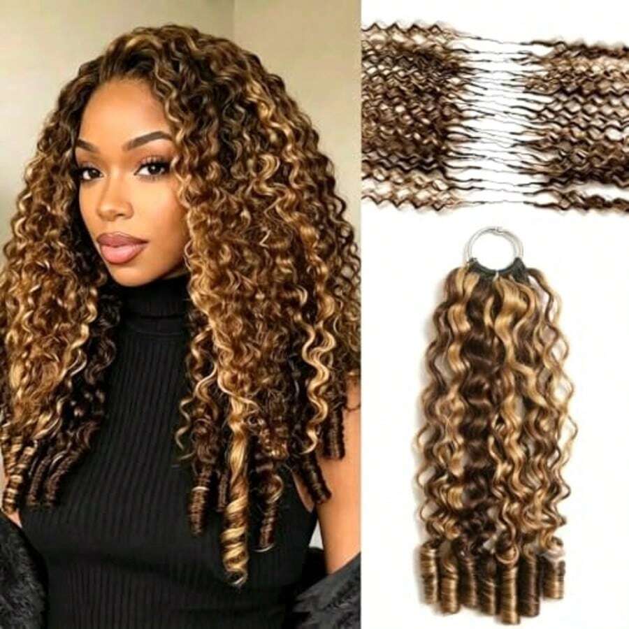 VALLBEST Color 4/27 Highlight Burmese Curly Feather Human Crochet Hair For Women 60g/Pack Pre-Separated Looped Invisble Curly Bundles Human Hair Reusable Wet And Wavy Remy Hair Extensions 100 Percent Human Hair