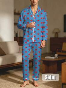 2pcs Men's Pajama Set, Satin Silk Heart Print Button Long Sleeve Top And Pants Loungewear Set, Autumn/Winter Clothing, Perfect Gift - Multicolor - View 8