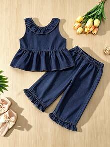 Baby Girl Summer Set - Sleeveless Tank Top With Single Layer Ruffle Collar Design, Fashionable Elegant Denim Top Paired With Lace Versatile Casual Washed Denim Pants Set, Suitable For Summer Travel, Beach Outings Or Daily Wear - Dark Wash - View 1