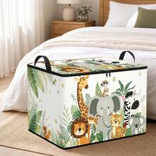 1pc Jungle Safari Animal Storage Box, Elephant Giraffe Lion Zebra Koala Pattern Foldable Storage Bin With Zipper & Handles, Large Fabric Storage Organizer For Clothes Bedding Home Decor - Multicolor - View 3