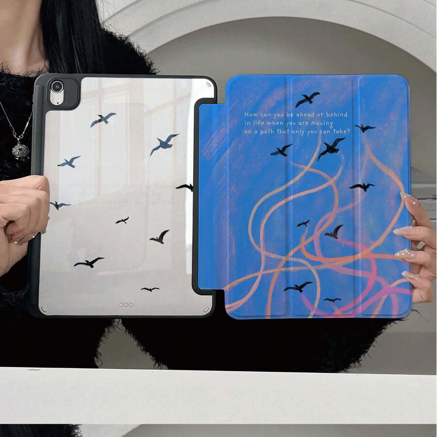 1pc Blue Abstract Line Flying Birds Quote Tablet Case With Pen Slot, Multi-Angle Magnetic Stand With Auto Sleep/Wake,Tablet Case Compatible With IPad PRO/AIR, Compatible With SAMSUNG,Compatible With XIAOMI Pad 5/6/7,Compatible With Huawei Matepad