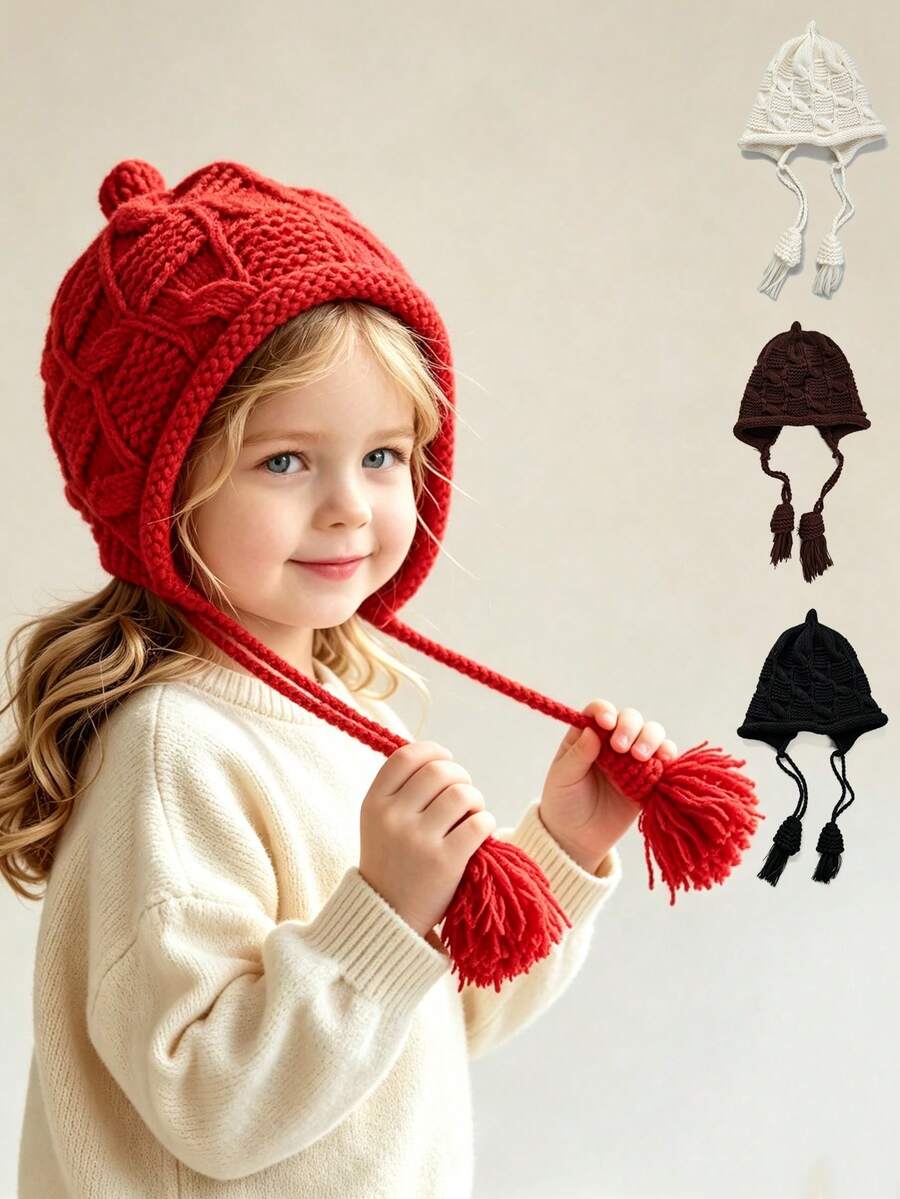 Autumn/Winter Baby Knitted Earflap Hat, Cable Knit Tassel Children's Beanie, 2-9 Years Old Girls Versatile Hat - Multicolor - View 1
