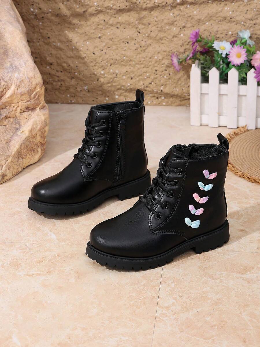 Girls' Boots Autumn/Winter New Black Boots With Colorful Embroidery Side Zipper Non-Slip Thick Sole Ankle Boots - Black - View 1