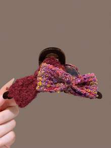 1pc Women's AB Side Bowknot Plush Hair Claw Clip, Large Size, Versatile Hair Accessory For Daily/Date/Commute - Multicolor - View 5