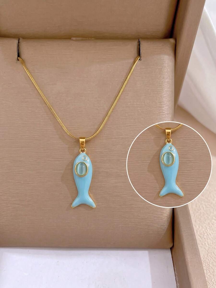 rakol 1pc Cute Little Fish Stainless Steel Necklace For Women, Suitable For Layering And Decoration