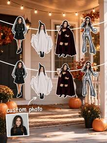Personalized Photo Face Cutout Costume Party Banner, Custom Halloween Portrait Banner For Spooky Birthday Celebrations, Halloween Party Backdrop And Photo Booth Decor, Fun Gift For Women, Friends, Family And Halloween Costume Party Guests - Multicolor - View 1