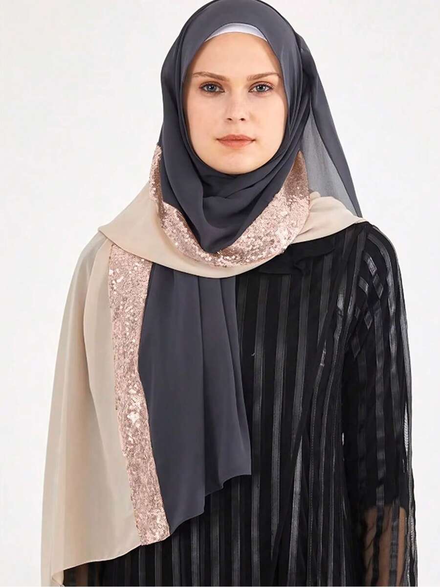 Elegant Sequin Spliced Rectangular Long Hijab, Soft Chiffon Muslim Headscarf, Luxury Modest Shawl For Party, Wedding, Festival & Daily Outfit - Dark Grey Beige + Rose Gold Glitter - View 1