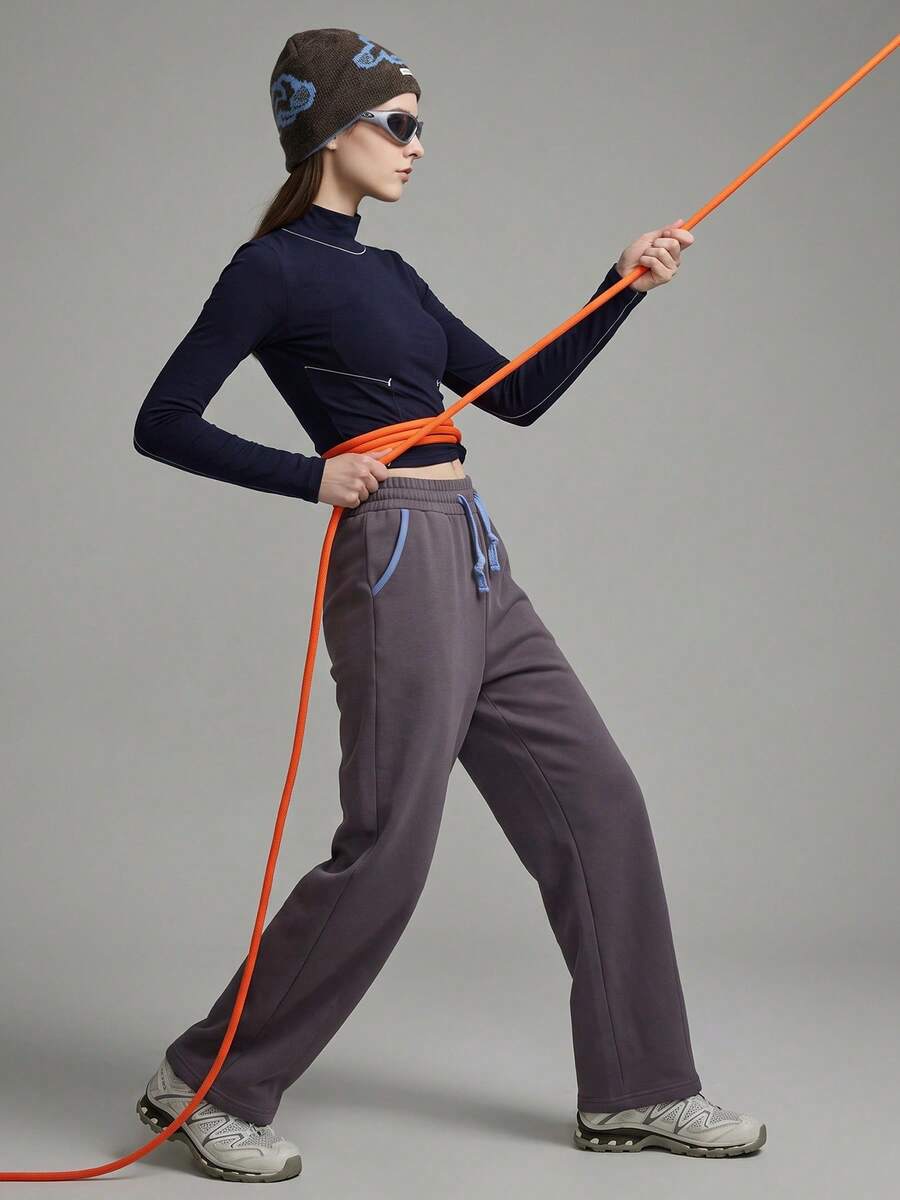 Leorrey 1pc Women's Fashion Contrast Color Ribbed Elastic Waist Drawstring Dual Side Pockets Sports Long Pants - Dark Grey - View 1