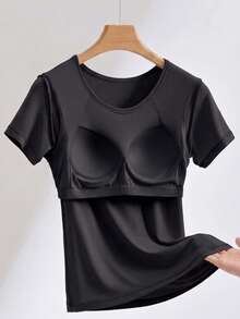 1pc Women Plus Size Built-In One-Piece Cup T-Shirt Fixed Padded Short Sleeve Tops - Black - View 8