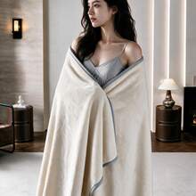 1pc Solid Color Piped Blanket, Soft Smooth Milk Velvet Small Throw, Warm & Cold-Proof Quilt For Autumn/Winter, Cozy Shawl Air Conditioning Nap Blanket - Beige - View 1