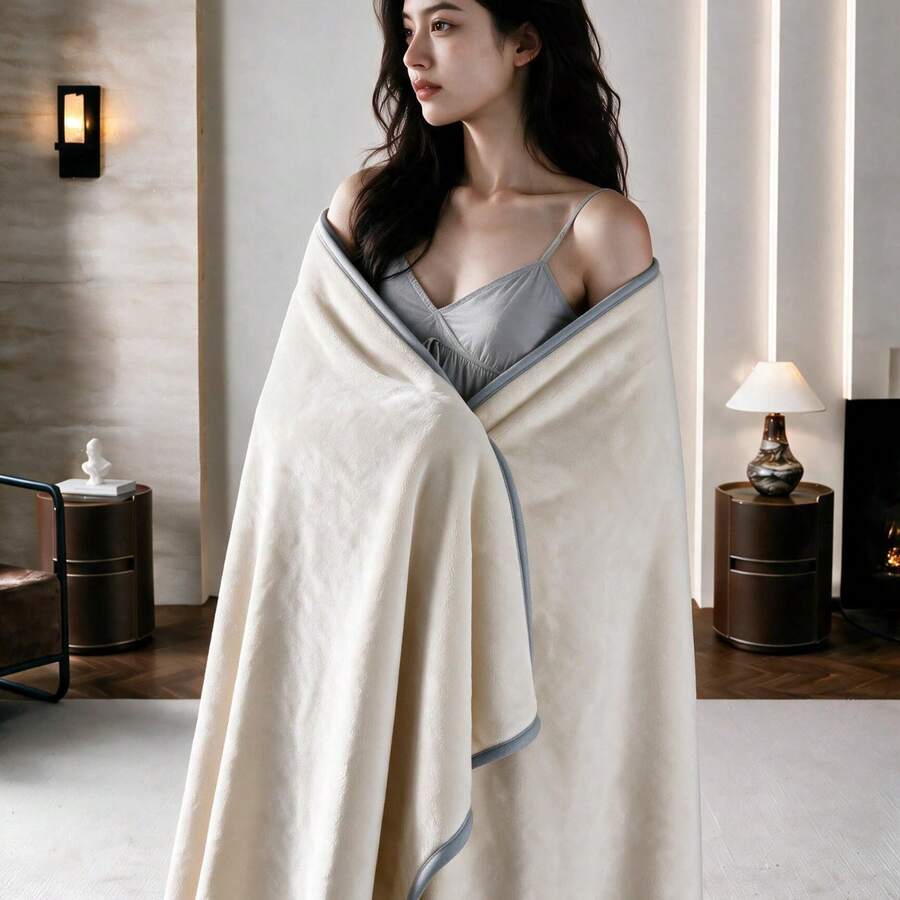 1pc Solid Color Piped Blanket, Soft Smooth Milk Velvet Small Throw, Warm & Cold-Proof Quilt For Autumn/Winter, Cozy Shawl Air Conditioning Nap Blanket - Beige - View 1