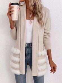 Women's Mid-Length Knit Cardigan, Colorblock Long Sleeve Front Open Sweater, Winter Fashion - Apricot - View 1