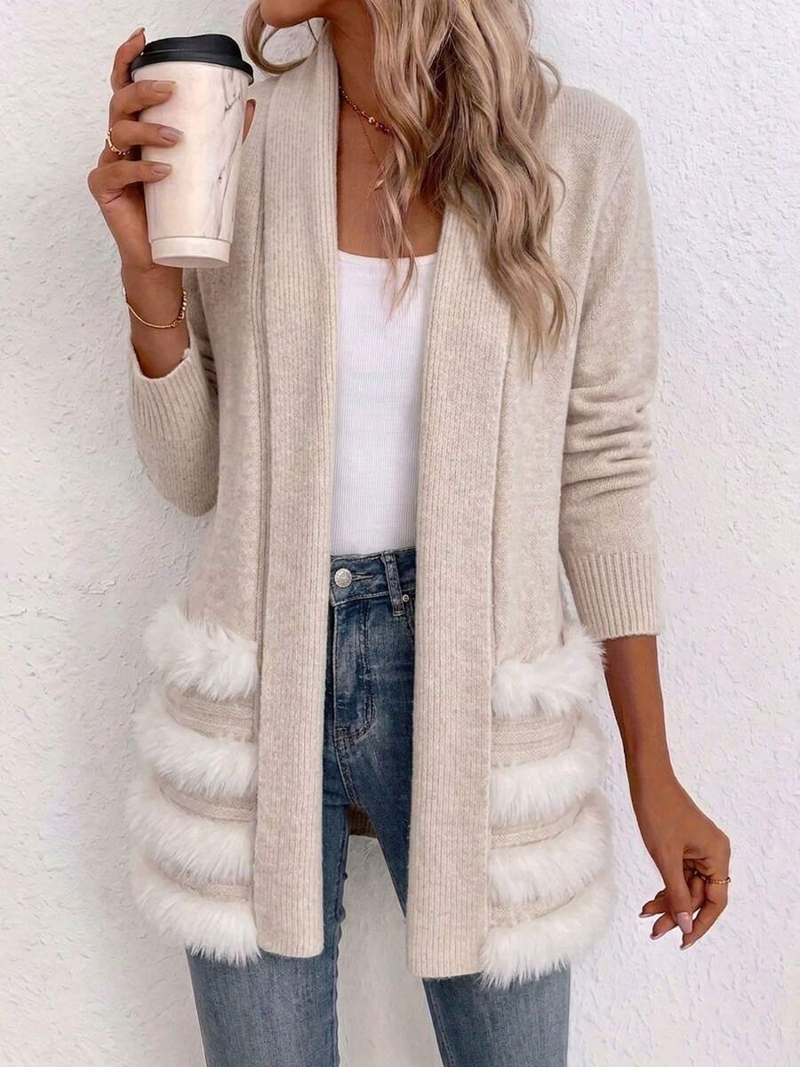 Women's Mid-Length Knit Cardigan, Colorblock Long Sleeve Front Open Sweater, Winter Fashion - Apricot - View 1