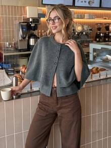 Nicenter Women's Round Neck Cape Sleeve Button Front Wool Blend Cardigan Sweaters, Dark Gray Elegant Fall Clothes For Women, Winter Clothes For Daily Wear - Dark Grey - View 2