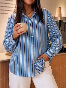 Women's Elegant Striped Long Sleeve Button-Down Shirt Collar Top, Blue Polyester Non-Stretch Blouse - Multicolor - View 10