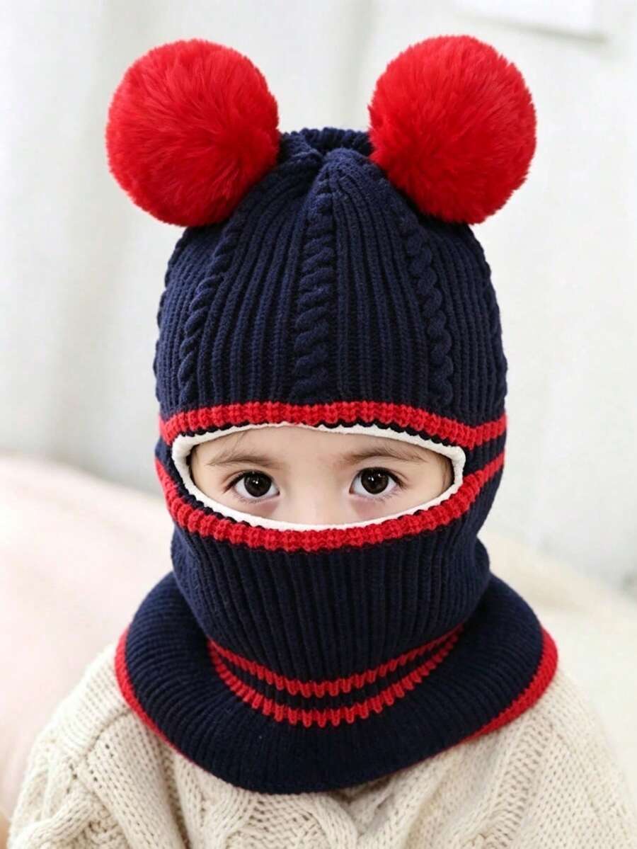 秋冬兒童帽圍巾頸保暖一體式加厚針織毛帽 中性嬰兒套頭帽 - 彩色 - 查看 1