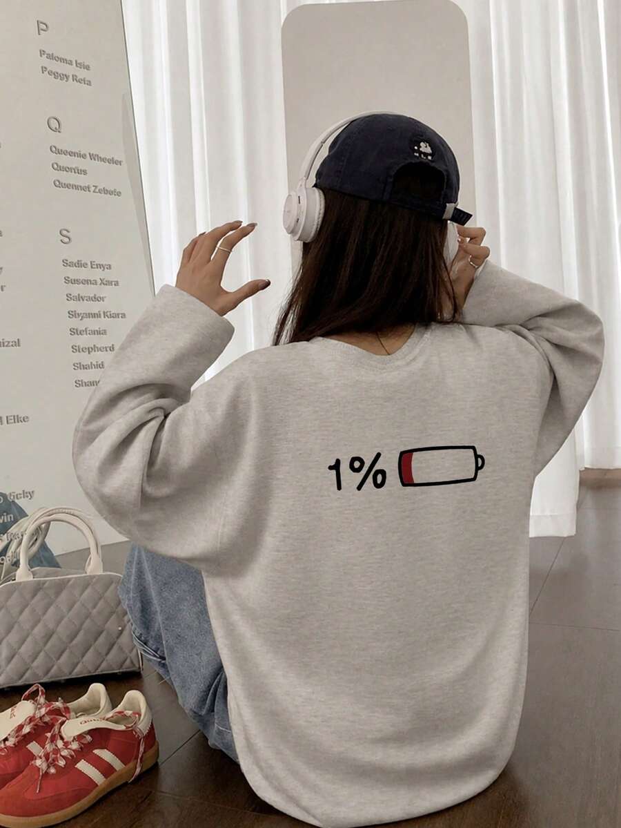 Women's Fashion Autumn/Winter Loose Minimalist Versatile Letter Print Long Sleeve T-Shirt - Light Gray - View 1