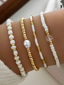4PCS CCB Rice Bead Bracelet, Fashionable Personalized Asymmetrical Faux Pearl Beaded Bracelet, Beach Style Women's Jewelry (Mixed Rice Beads, Non-Positioned) - Gold - View 4