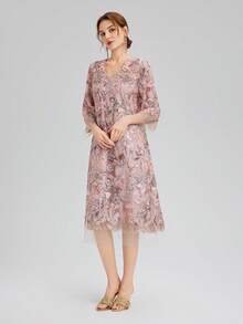 Rich Radi Q's Elegant Women's Mid-Length V-Neck Dress, Embroidered Floral Design, Contrast Sequin And Semi-Sheer Lace Details, Suitable For Formal Occasions - Red Violet - View 1