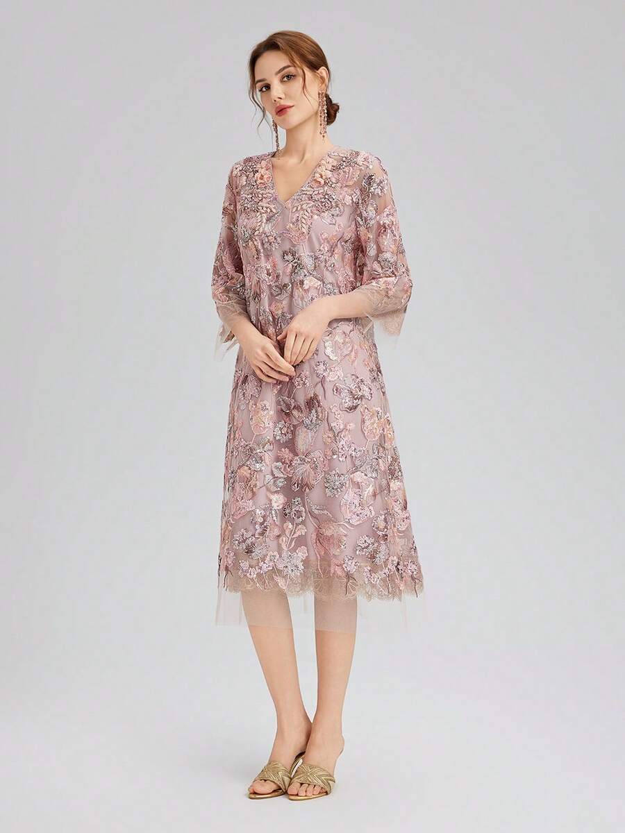 Rich Radi Q's Elegant Women's Mid-Length V-Neck Dress, Embroidered Floral Design, Contrast Sequin And Semi-Sheer Lace Details, Suitable For Formal Occasions - Red Violet - View 1