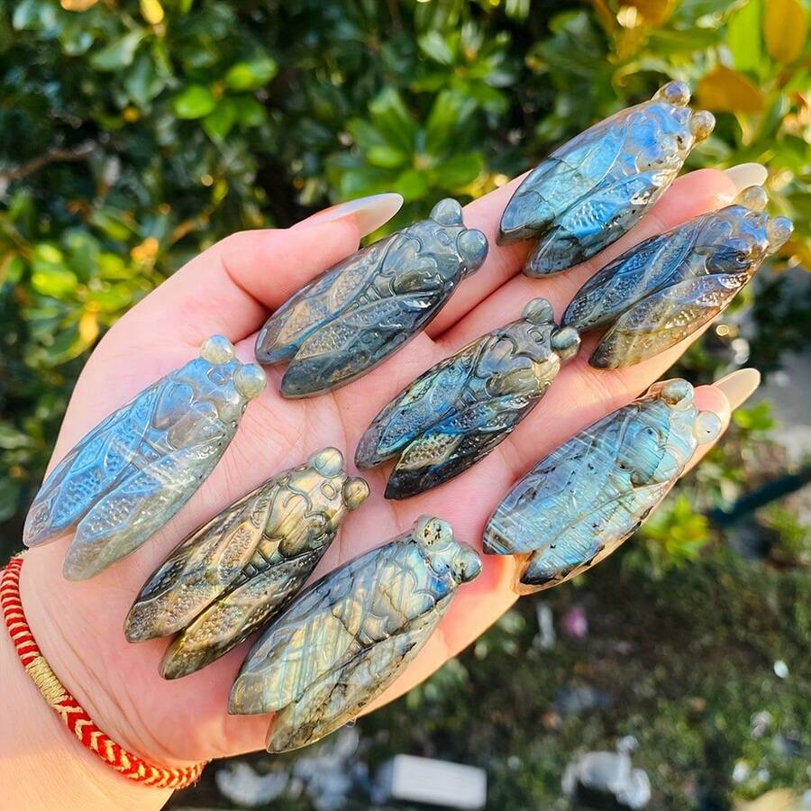 1pc Labradorite Stone Cicada Sculpture, Elegant Design Natural Stone Animal Statue, Gemstone Decor, Special Crystal Ornament, Suitable For Home And Party Decoration, Desktop Accessory