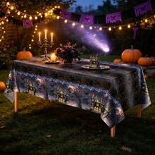 1pc/3pcs Mysterious Dark Castle Bat Print Disposable Plastic Tablecloth, Strong Atmosphere, Suitable For Halloween Theme Party, Mystery Game Gathering, Dark Theme, Birthday Party, Outdoor Dining Tablecloth Decoration 137*274cm - Multicolor - View 5